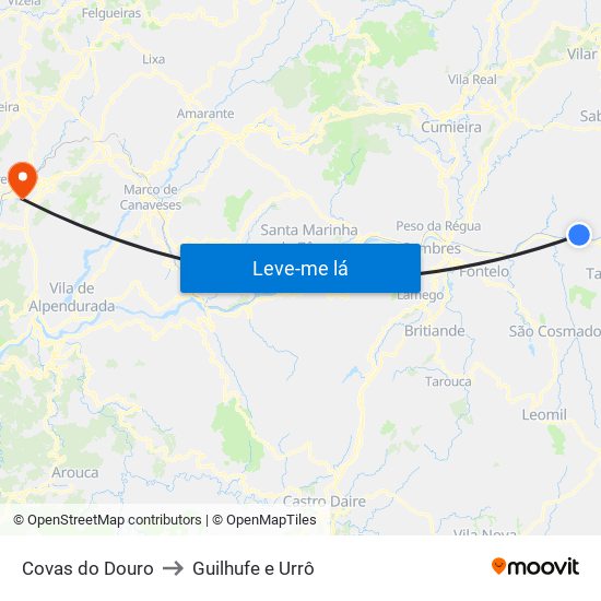 Covas do Douro to Guilhufe e Urrô map