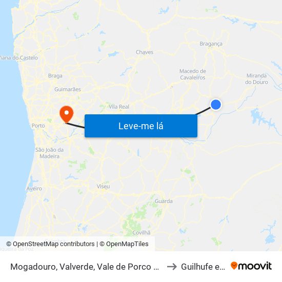 Mogadouro, Valverde, Vale de Porco e Vilar de Rei to Guilhufe e Urrô map