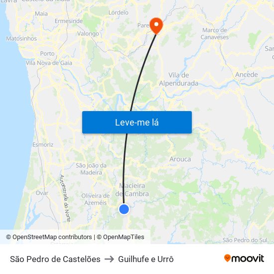 São Pedro de Castelões to Guilhufe e Urrô map