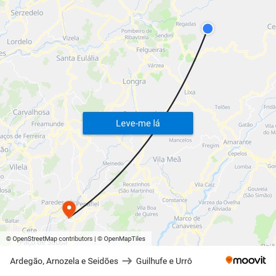 Ardegão, Arnozela e Seidões to Guilhufe e Urrô map