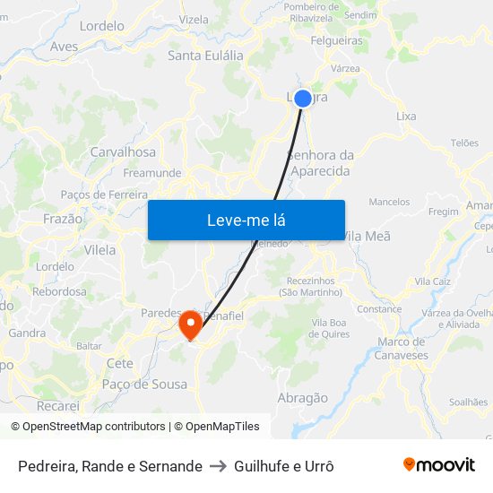 Pedreira, Rande e Sernande to Guilhufe e Urrô map