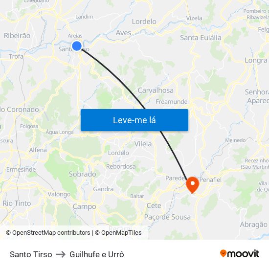 Santo Tirso to Guilhufe e Urrô map