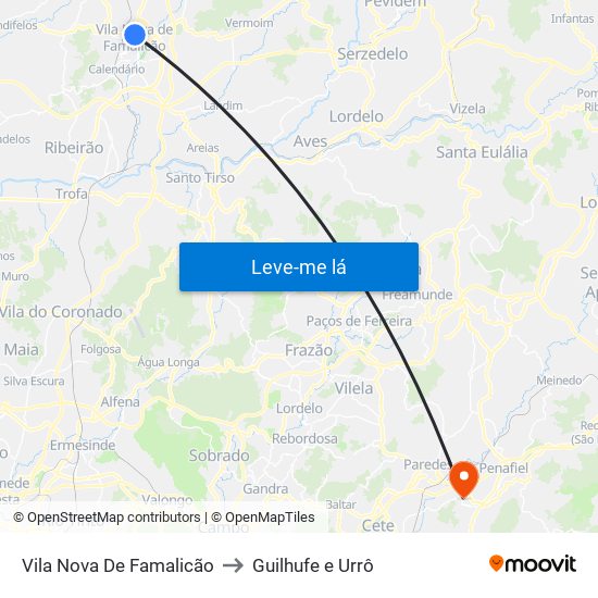 Vila Nova De Famalicão to Guilhufe e Urrô map