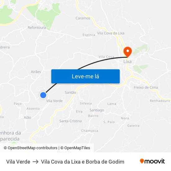 Vila Verde to Vila Cova da Lixa e Borba de Godim map