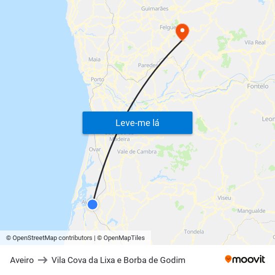 Aveiro to Vila Cova da Lixa e Borba de Godim map