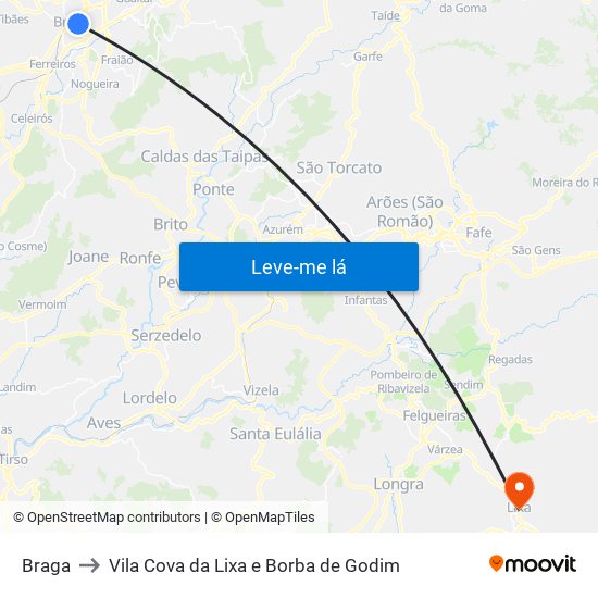 Braga to Vila Cova da Lixa e Borba de Godim map