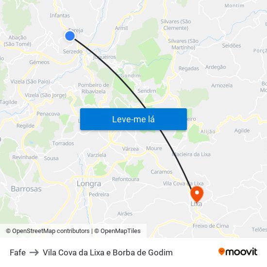 Fafe to Vila Cova da Lixa e Borba de Godim map