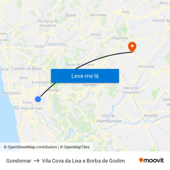 Gondomar to Vila Cova da Lixa e Borba de Godim map