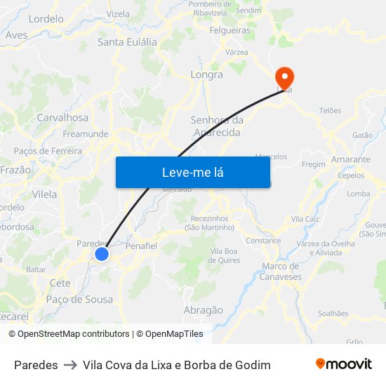 Paredes to Vila Cova da Lixa e Borba de Godim map