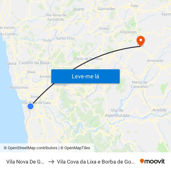 Vila Nova De Gaia to Vila Cova da Lixa e Borba de Godim map