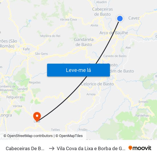 Cabeceiras De Basto to Vila Cova da Lixa e Borba de Godim map