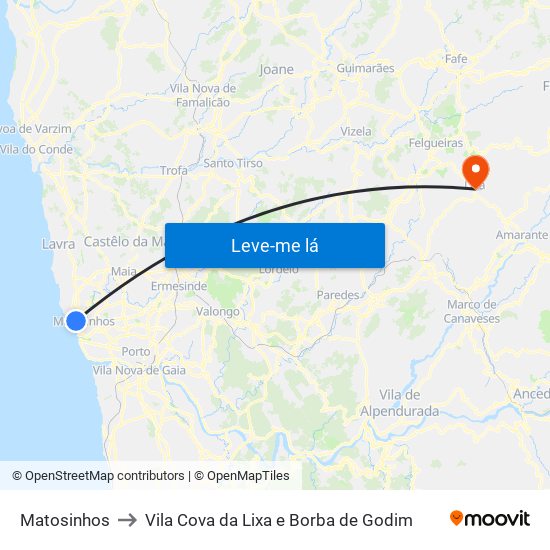 Matosinhos to Vila Cova da Lixa e Borba de Godim map