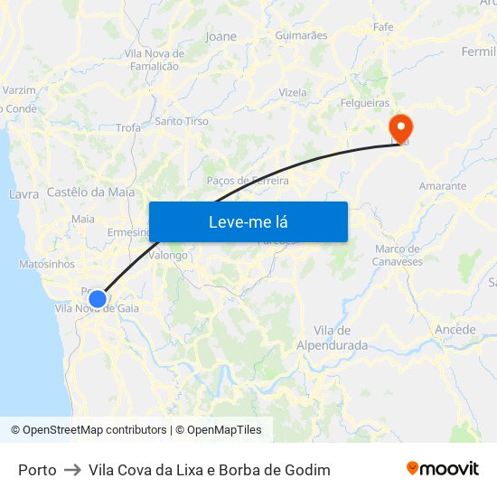 Porto to Vila Cova da Lixa e Borba de Godim map