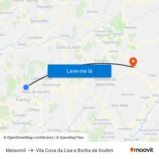 Meixomil to Vila Cova da Lixa e Borba de Godim map