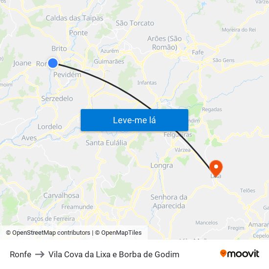 Ronfe to Vila Cova da Lixa e Borba de Godim map