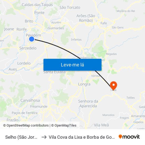 Selho (São Jorge) to Vila Cova da Lixa e Borba de Godim map