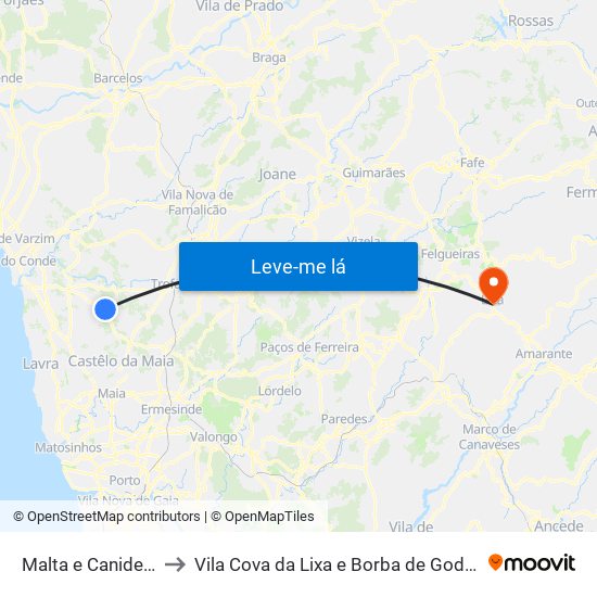 Malta e Canidelo to Vila Cova da Lixa e Borba de Godim map