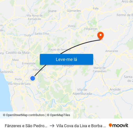 Fânzeres e São Pedro da Cova to Vila Cova da Lixa e Borba de Godim map