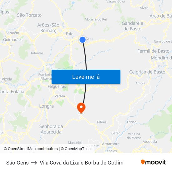 São Gens to Vila Cova da Lixa e Borba de Godim map