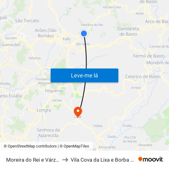 Moreira do Rei e Várzea Cova to Vila Cova da Lixa e Borba de Godim map