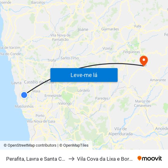 Perafita, Lavra e Santa Cruz do Bispo to Vila Cova da Lixa e Borba de Godim map