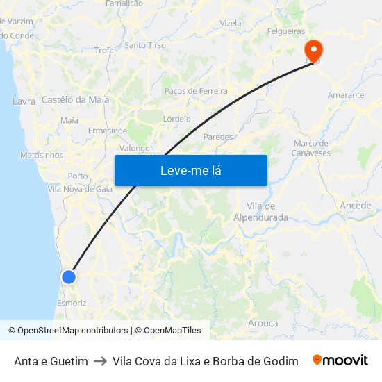 Anta e Guetim to Vila Cova da Lixa e Borba de Godim map