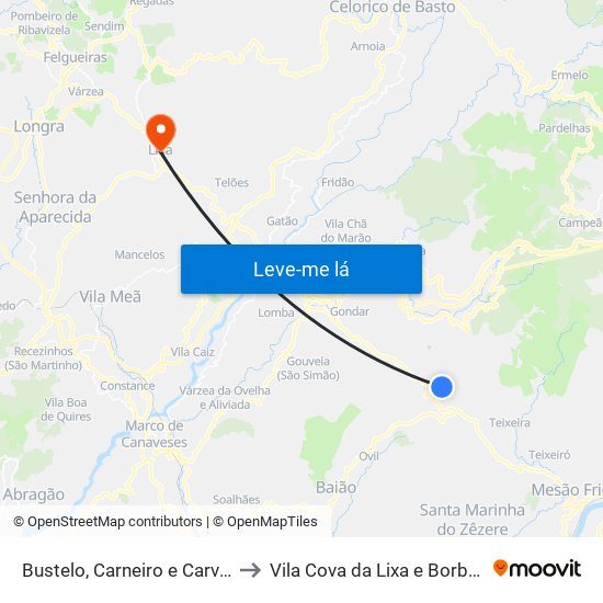 Bustelo, Carneiro e Carvalho de Rei to Vila Cova da Lixa e Borba de Godim map