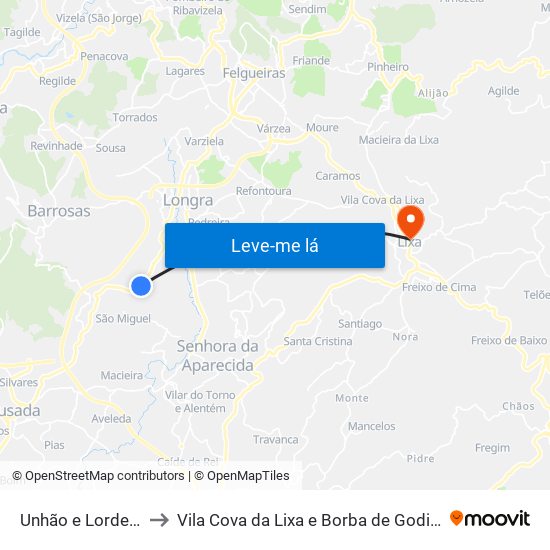 Unhão e Lordelo to Vila Cova da Lixa e Borba de Godim map
