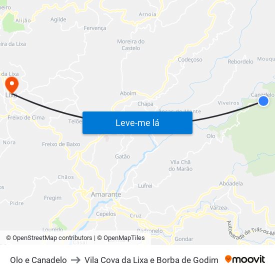 Olo e Canadelo to Vila Cova da Lixa e Borba de Godim map