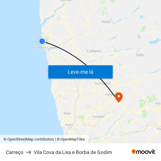 Carreço to Vila Cova da Lixa e Borba de Godim map