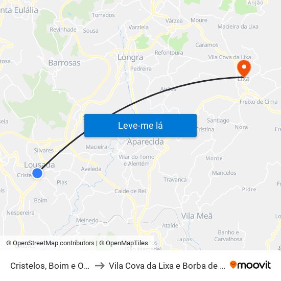 Cristelos, Boim e Ordem to Vila Cova da Lixa e Borba de Godim map