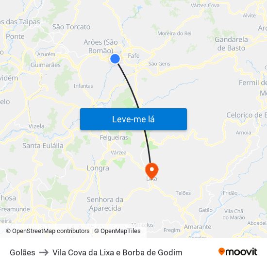 Golães to Vila Cova da Lixa e Borba de Godim map