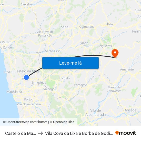 Castêlo da Maia to Vila Cova da Lixa e Borba de Godim map