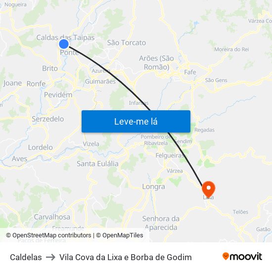 Caldelas to Vila Cova da Lixa e Borba de Godim map