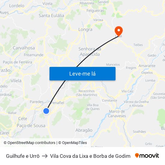 Guilhufe e Urrô to Vila Cova da Lixa e Borba de Godim map