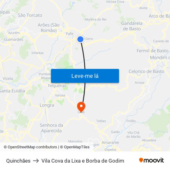 Quinchães to Vila Cova da Lixa e Borba de Godim map