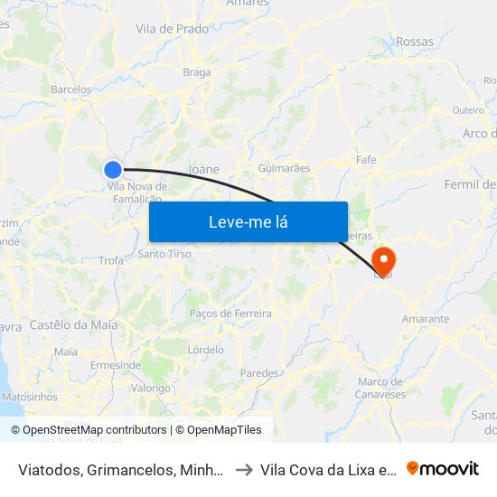 Viatodos, Grimancelos, Minhotães e Monte de Fralães to Vila Cova da Lixa e Borba de Godim map