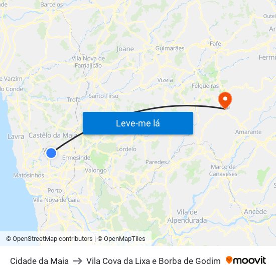 Cidade da Maia to Vila Cova da Lixa e Borba de Godim map