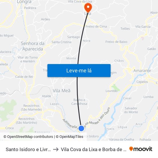 Santo Isidoro e Livração to Vila Cova da Lixa e Borba de Godim map