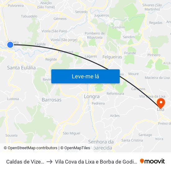 Caldas de Vizela to Vila Cova da Lixa e Borba de Godim map