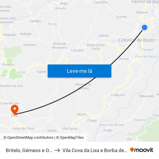 Britelo, Gémeos e Ourilhe to Vila Cova da Lixa e Borba de Godim map