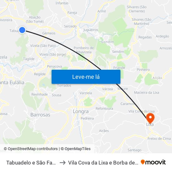 Tabuadelo e São Faustino to Vila Cova da Lixa e Borba de Godim map