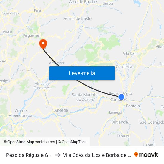 Peso da Régua e Godim to Vila Cova da Lixa e Borba de Godim map