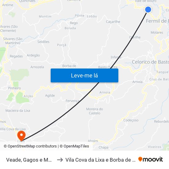 Veade, Gagos e Molares to Vila Cova da Lixa e Borba de Godim map