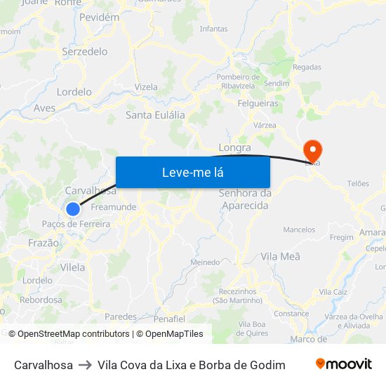 Carvalhosa to Vila Cova da Lixa e Borba de Godim map