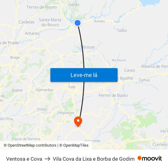 Ventosa e Cova to Vila Cova da Lixa e Borba de Godim map