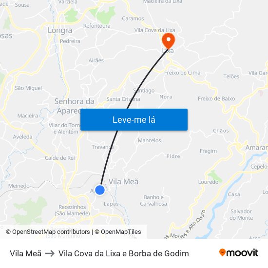 Vila Meã to Vila Cova da Lixa e Borba de Godim map