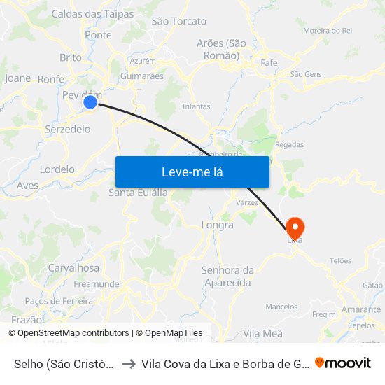 Selho (São Cristóvão) to Vila Cova da Lixa e Borba de Godim map