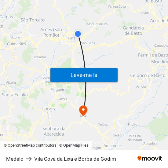 Medelo to Vila Cova da Lixa e Borba de Godim map