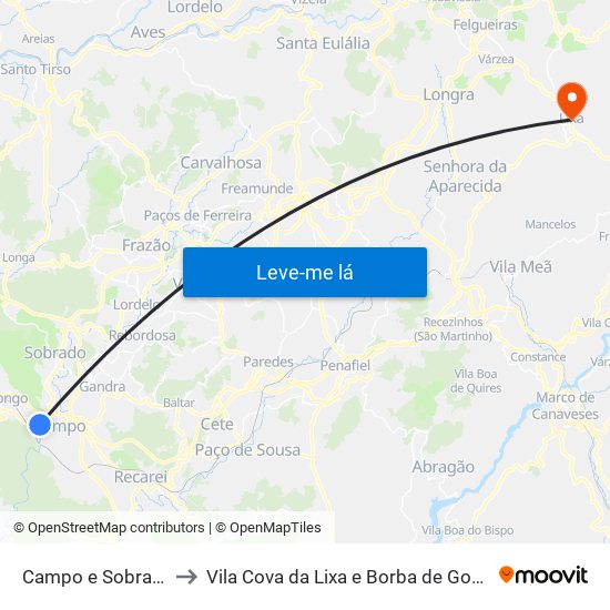 Campo e Sobrado to Vila Cova da Lixa e Borba de Godim map